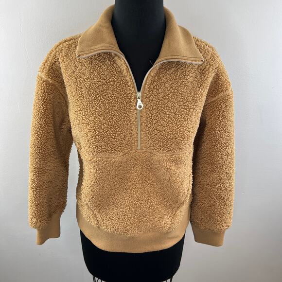 JOY LAB Womens Tan Sherpa Fleece Teddy Half Zip Pullover Cropped Jacket Size XS - Picture 3 of 10
